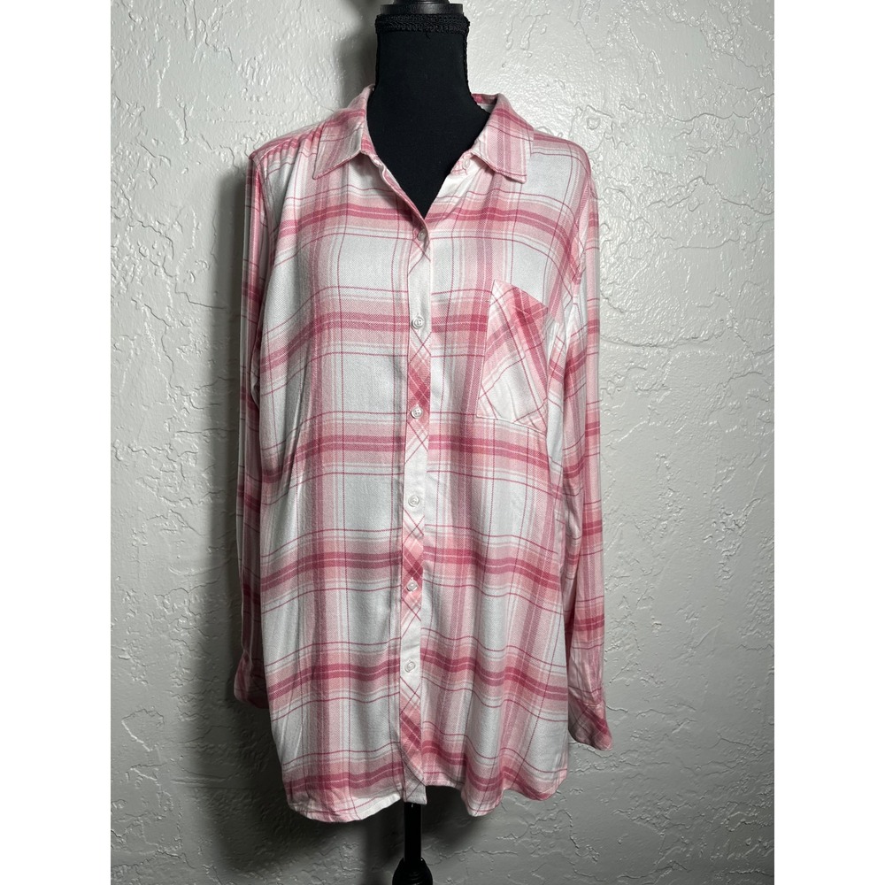 Well Worn Women's Large Pink White Plaid Oversized Button Down Boyfriend Shirt